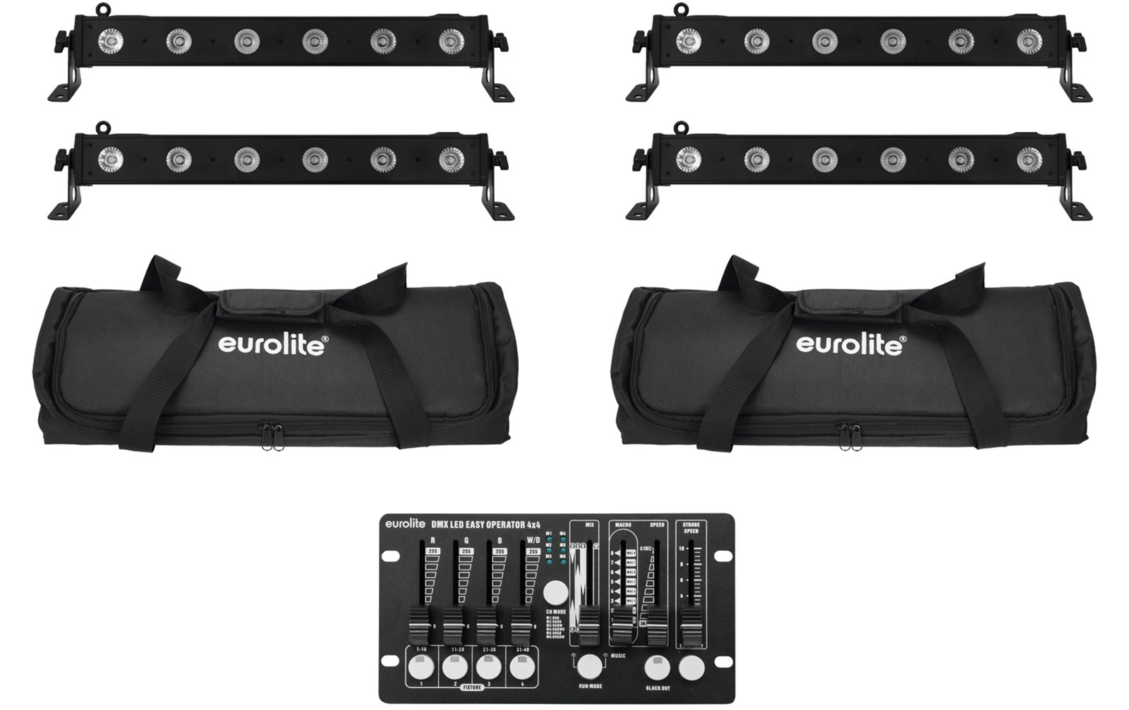 Eurolite Set 4x LED BAR-6 QCL RGBW + 2x Soft Bag + Controller