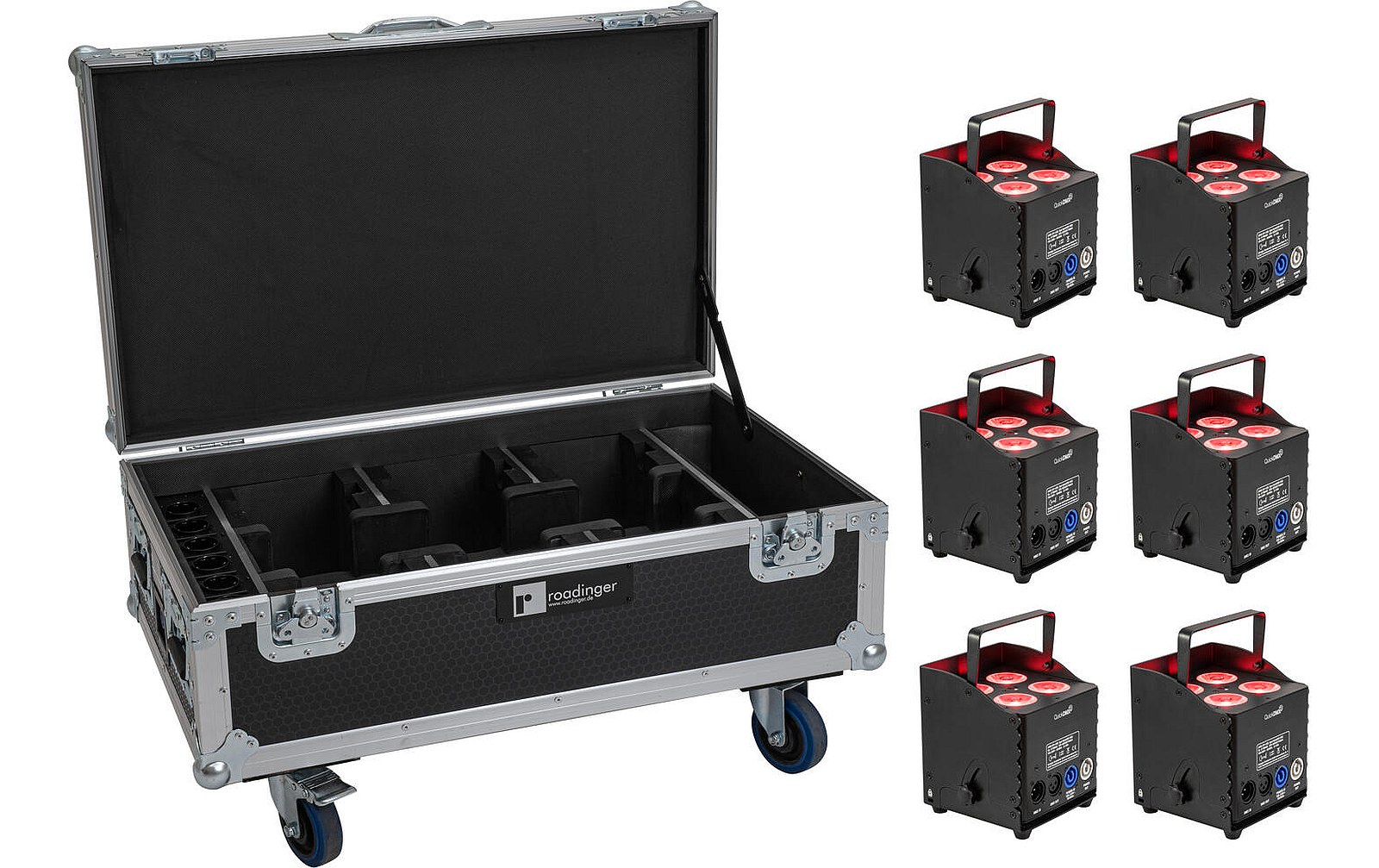 Eurolite Set 6x AKKU UP-4 QCL Spot QuickDMX MK2 + Flightcase mit Rollen und Ladefunktion