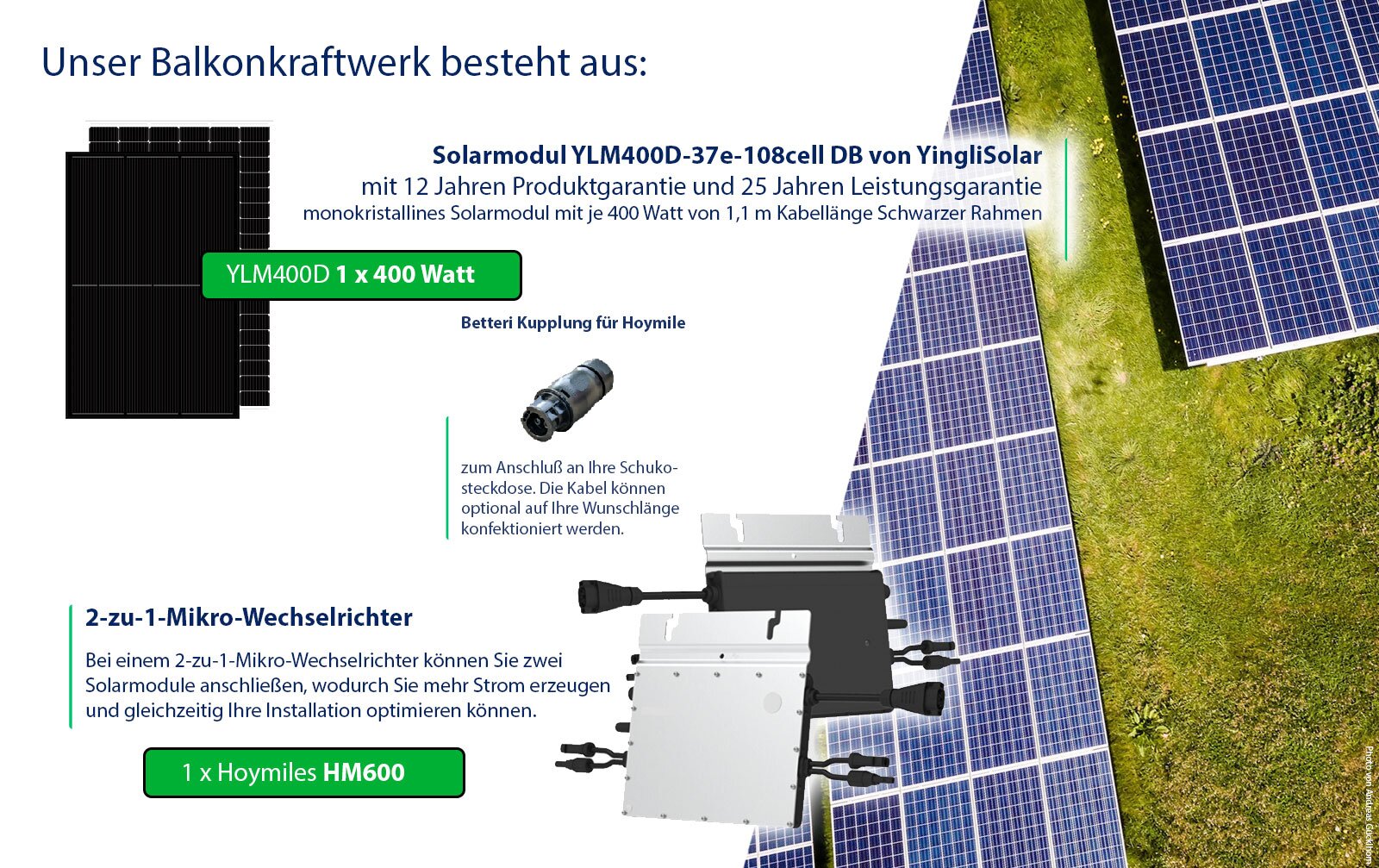 Balkonkraftwerk PV-Anlage, Solaranlage 400W inkl. Micro-Wechselrichter