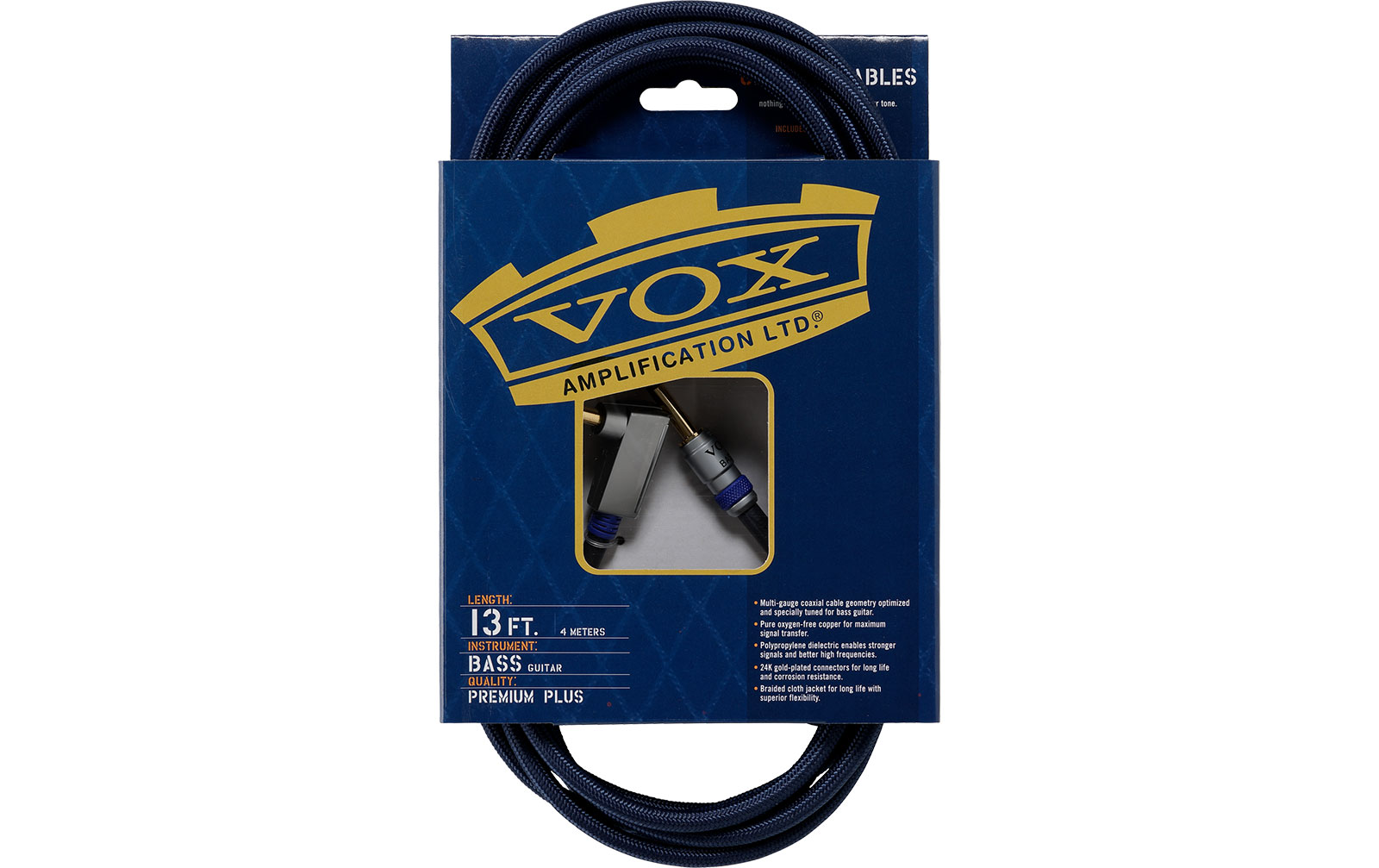 Vox Bassgitarrenkabel 4m, blau, vergoldetet
