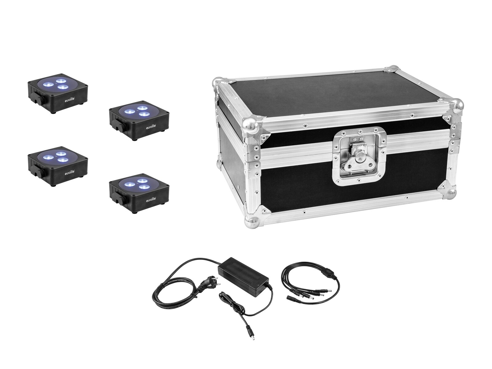 Eurolite Set 4x Akku Flat Light 3 sw + Ladenetzteil + Case