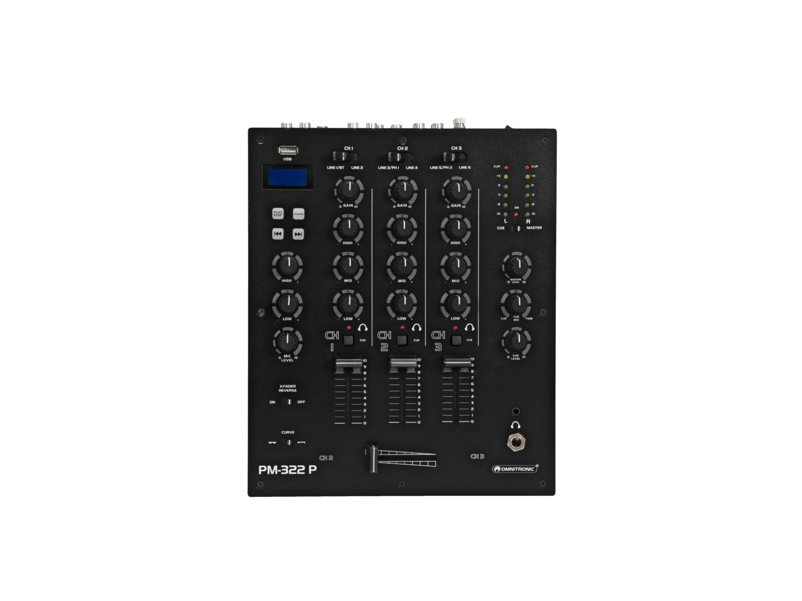 Omnitronic PM-322P 3-Kanal-DJ-Mixer mit Bluetooth und USB-Player