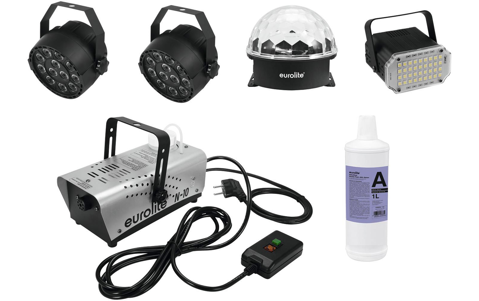 Eurolite Set LED BC-2 + 2x LED PARty Spot + LED Party Strobe 36 + N-10 silber + A2D Fluid 1l